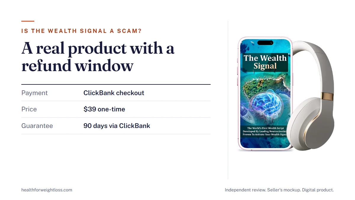 Is The Wealth Signal a scam: the seller's product mockup beside three reassurances, ClickBank payment, $39 one time