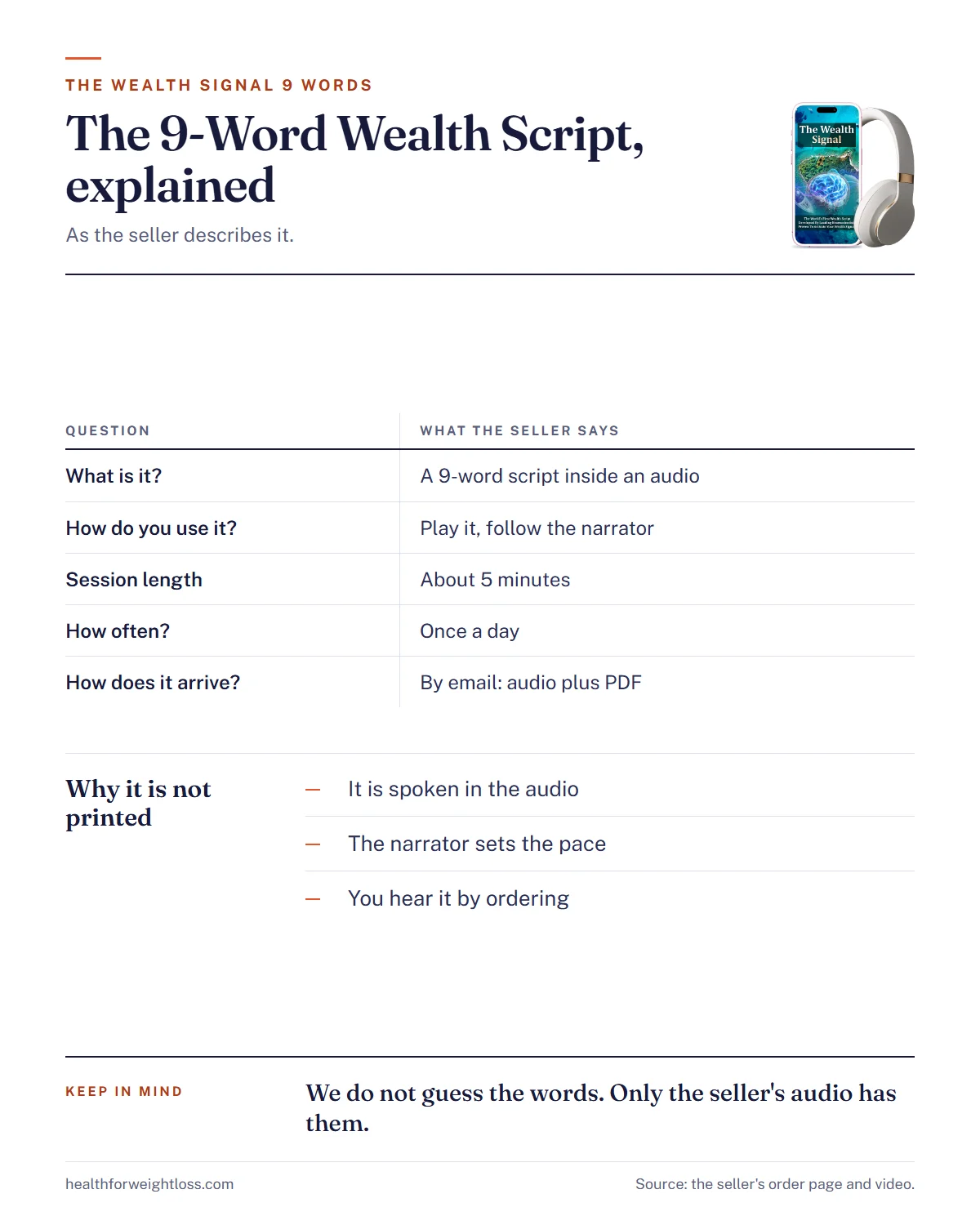 The Wealth Signal 9 words infographic: what the script is, where it is spoken and how it reaches you