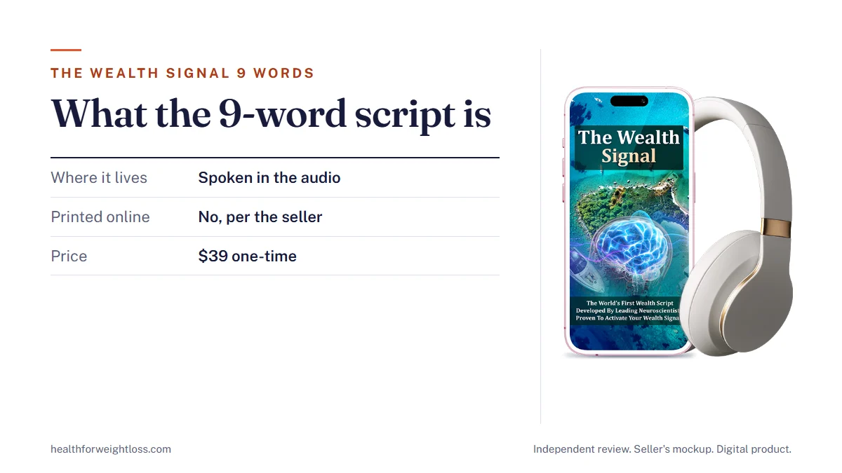 The Wealth Signal 9 words: the seller's mockup beside the 9-Word Wealth Script explained, the audio delivery