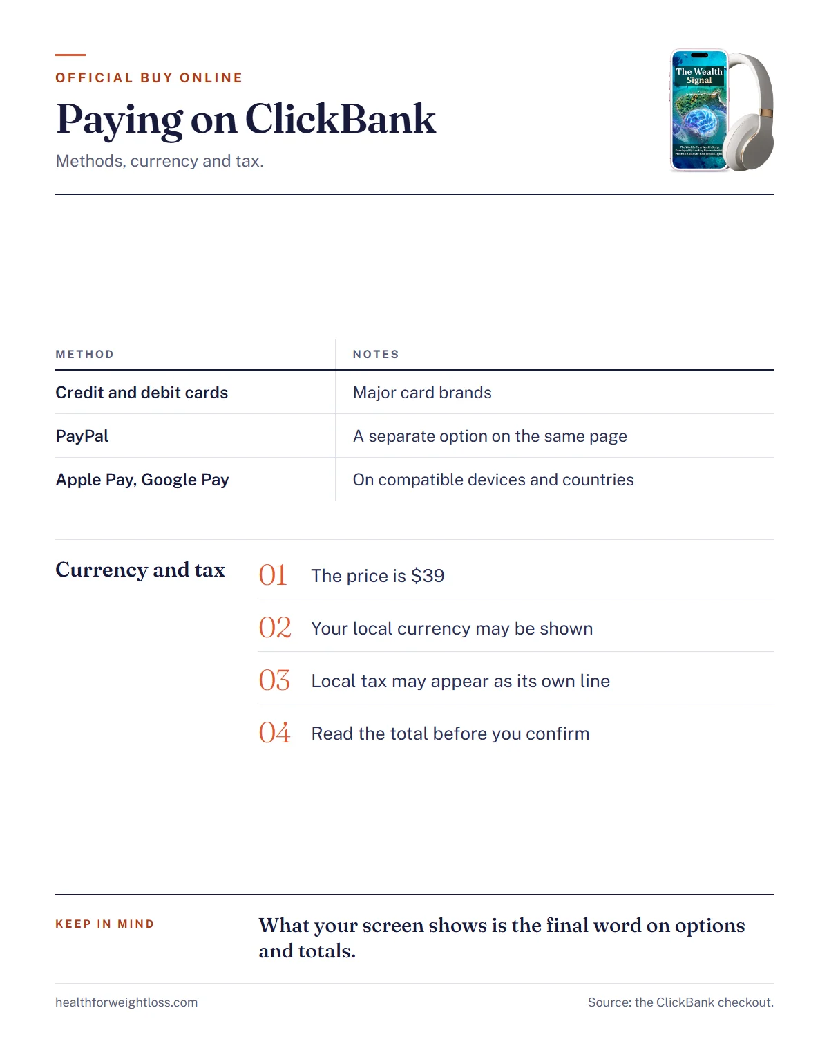 The Wealth Signal official buy online infographic: payment methods, currency conversion and tax on the ClickBank checkout