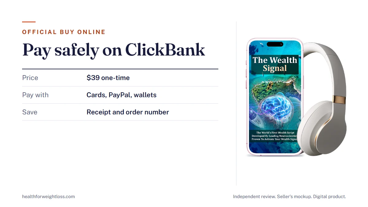 The Wealth Signal official buy online: the seller's product mockup beside payment options, currency and tax notes