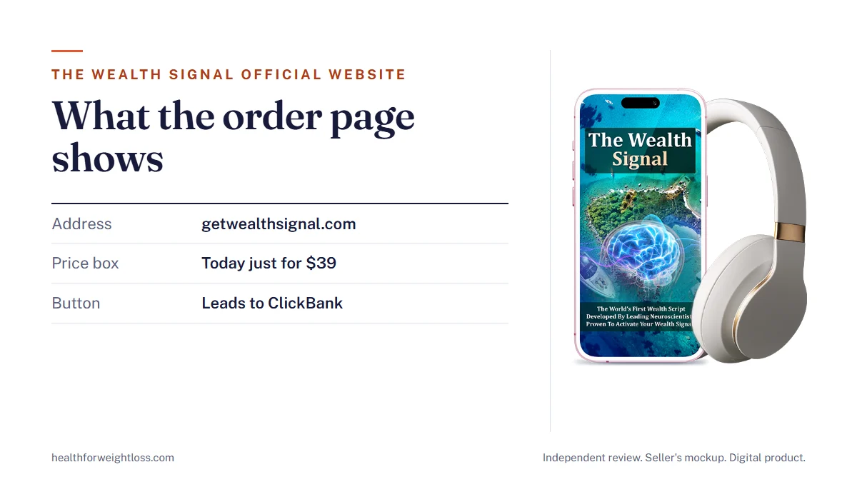 The Wealth Signal official website: the seller's product mockup beside the parts of the order page, price box