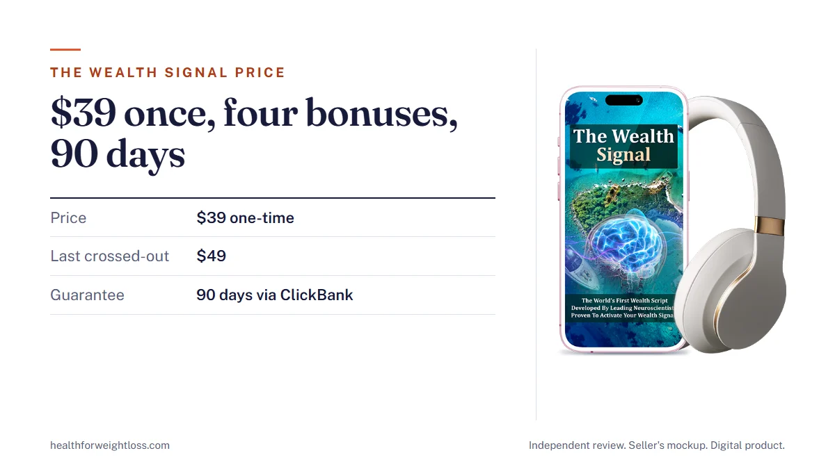The Wealth Signal price: the seller's mockup beside the $39 one-time price, the last crossed-out $49