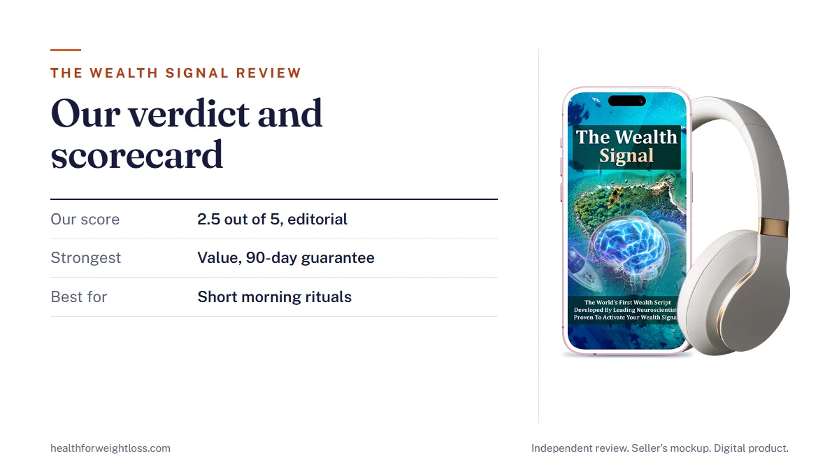 The Wealth Signal review: the seller's product mockup beside our 2.5 out of 5 editorial score, the strongest points
