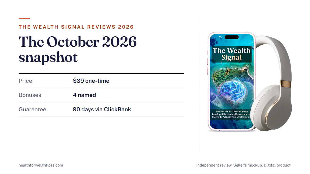 The Wealth Signal reviews 2026: the seller's product mockup beside the October 2026 snapshot of price, bonuses, delivery