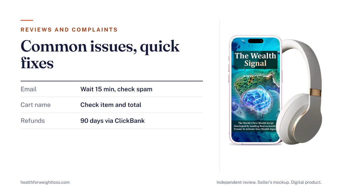 The Wealth Signal reviews and complaints: the seller's product mockup beside the common friction points