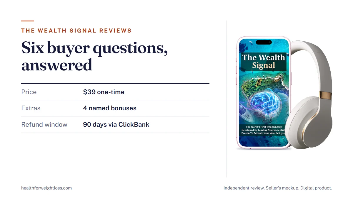 The Wealth Signal reviews: the seller's product mockup beside five buyer questions answered, the $39 one-time price