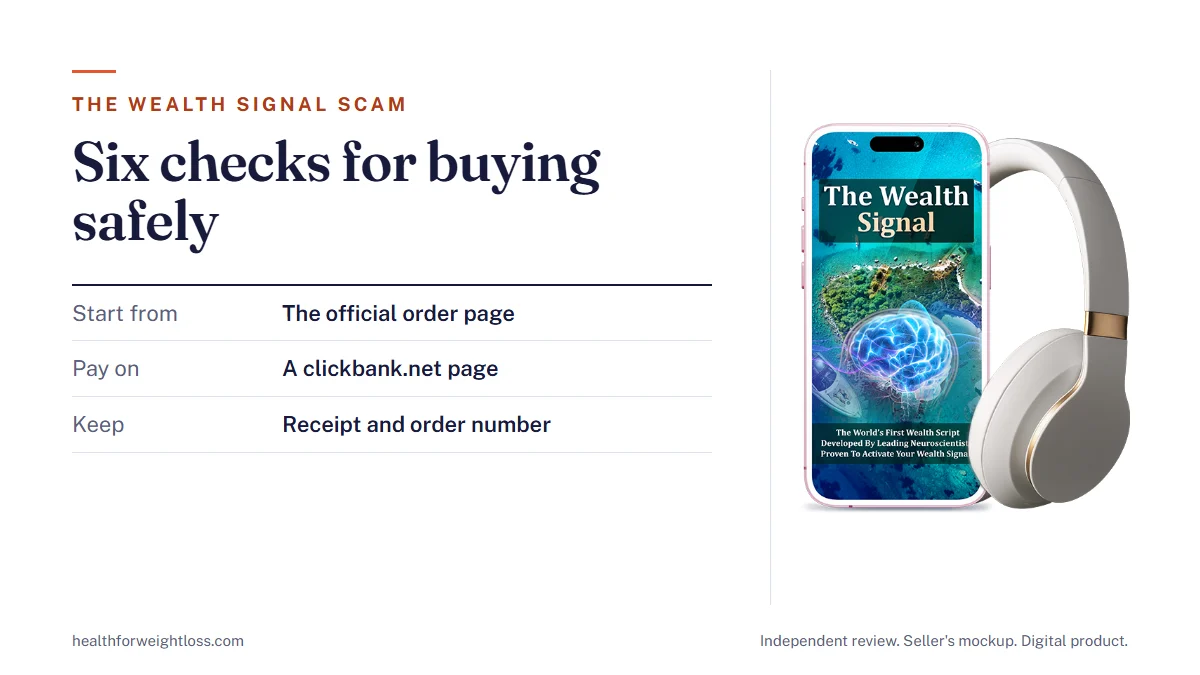 The Wealth Signal scam: the seller's product mockup beside a six-point checklist for buying from the official page