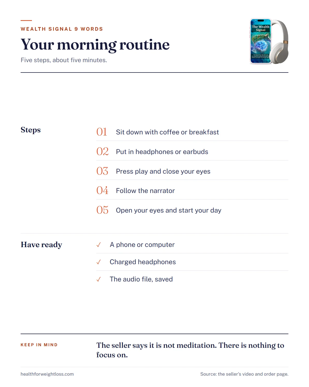 The Wealth Signal 9 words infographic: the five-step morning routine and what to have ready