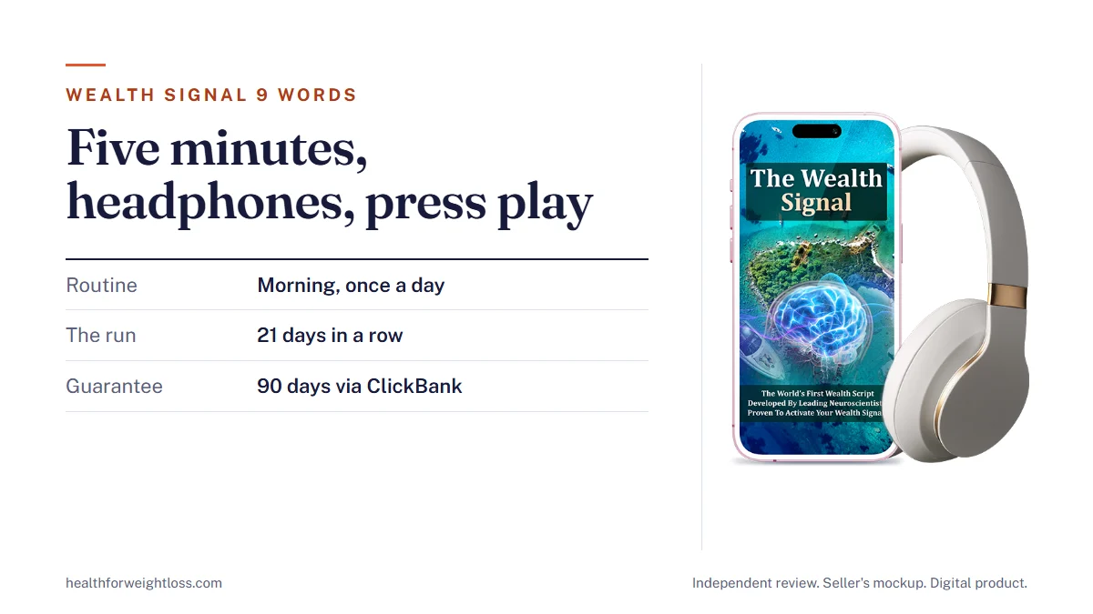 The Wealth Signal 9 words: the seller's mockup beside the morning headphones routine, a 21-day schedule and the $39 price
