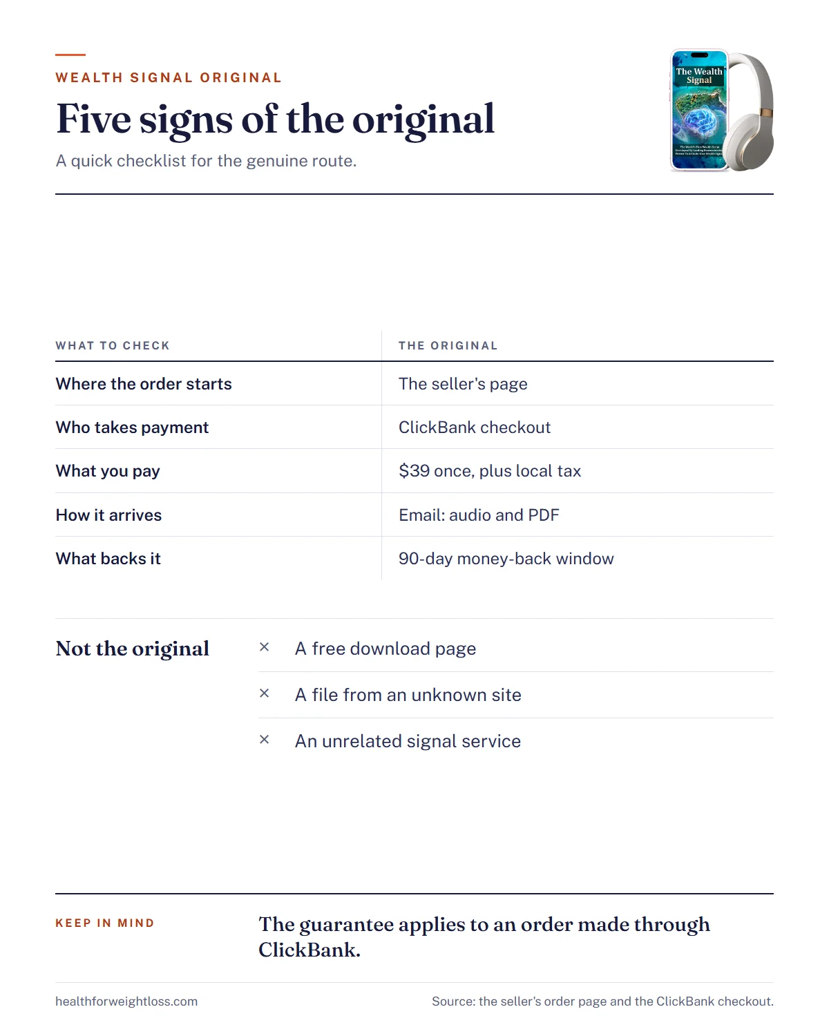 The Wealth Signal original infographic: the five-point check for the genuine audio and why free download pages differ