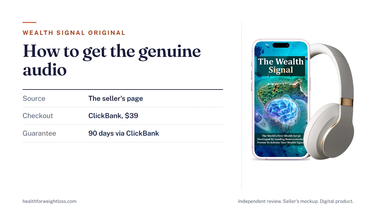 The Wealth Signal original: the genuine audio from the seller's page, the ClickBank checkout steps, $39 once and 90 days