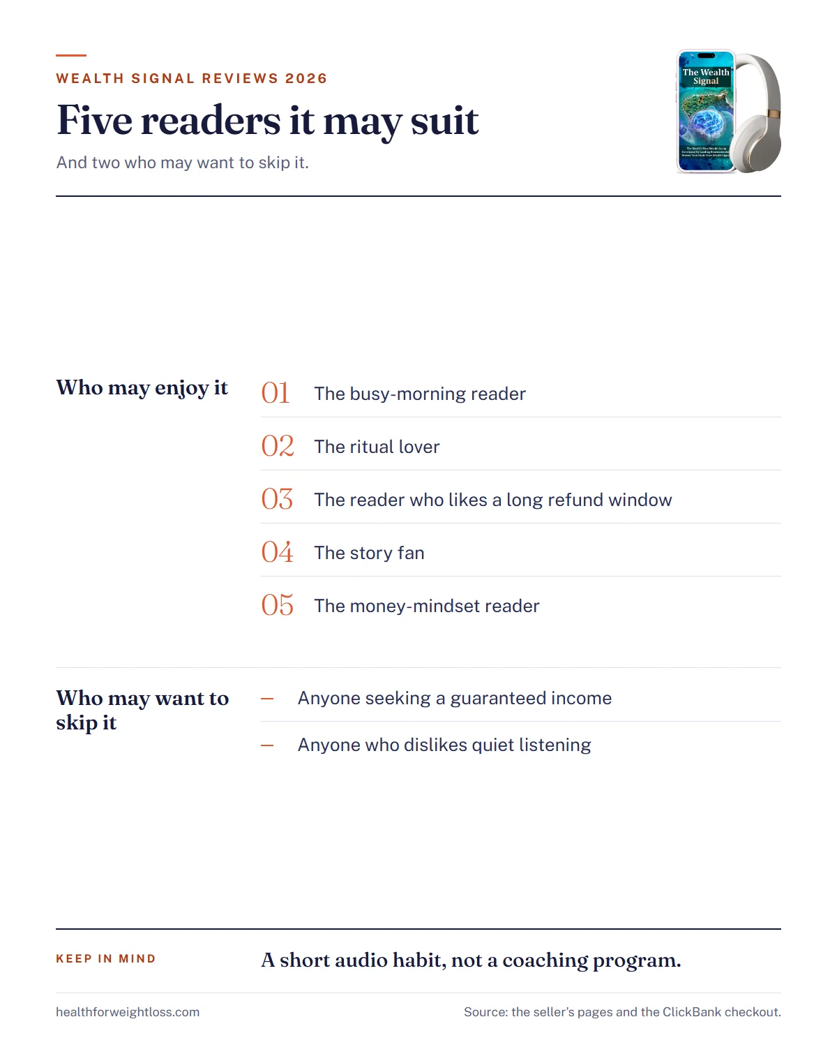 The Wealth Signal reviews 2026 infographic: five reader types who may enjoy The Wealth Signal