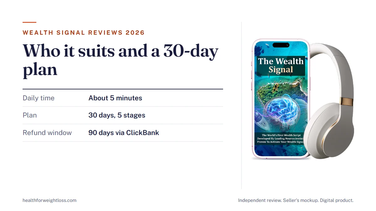 The Wealth Signal reviews 2026: the seller's product mockup beside five reader types and a simple 30-day listening plan