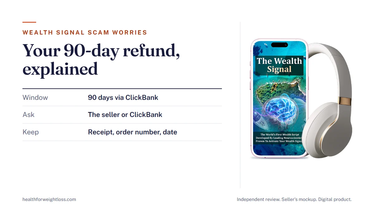 The Wealth Signal scam: the seller's product mockup beside a timeline from purchase day to the end of the guarantee