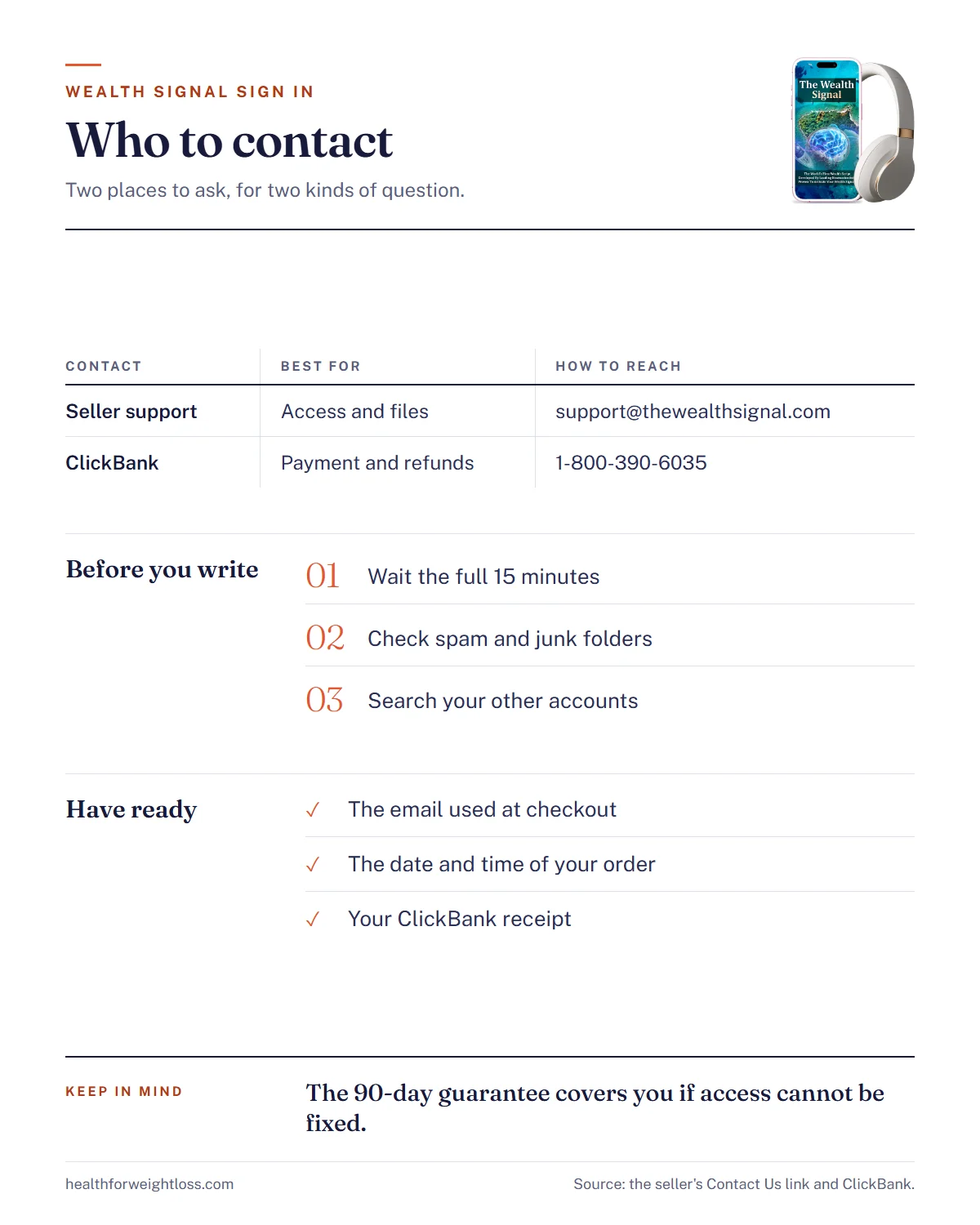 The Wealth Signal sign in infographic: who to contact for access and for payment, and what to include