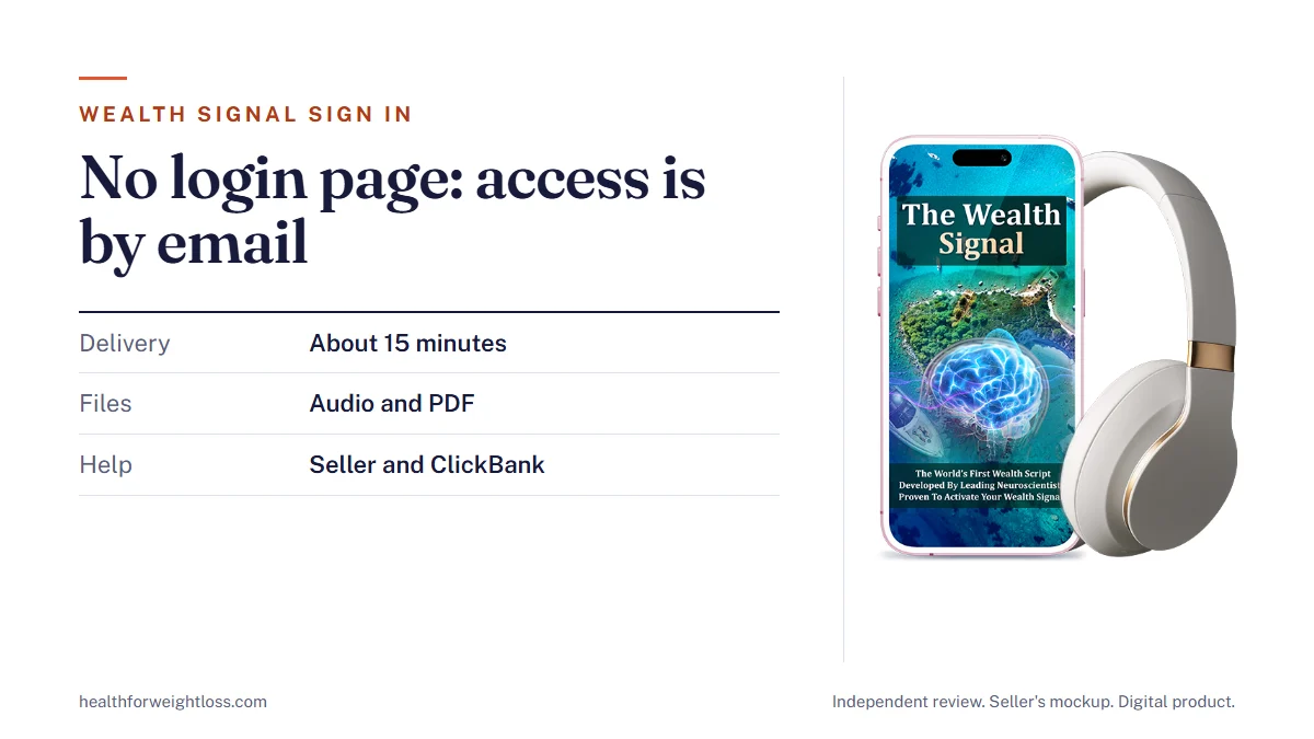 The Wealth Signal sign in guide: the seller's mockup beside the access email steps, spam folder check and support contacts
